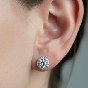 925 Sterling Silver CZ Halo Stud Earrings Sparkle Clear Gemstone